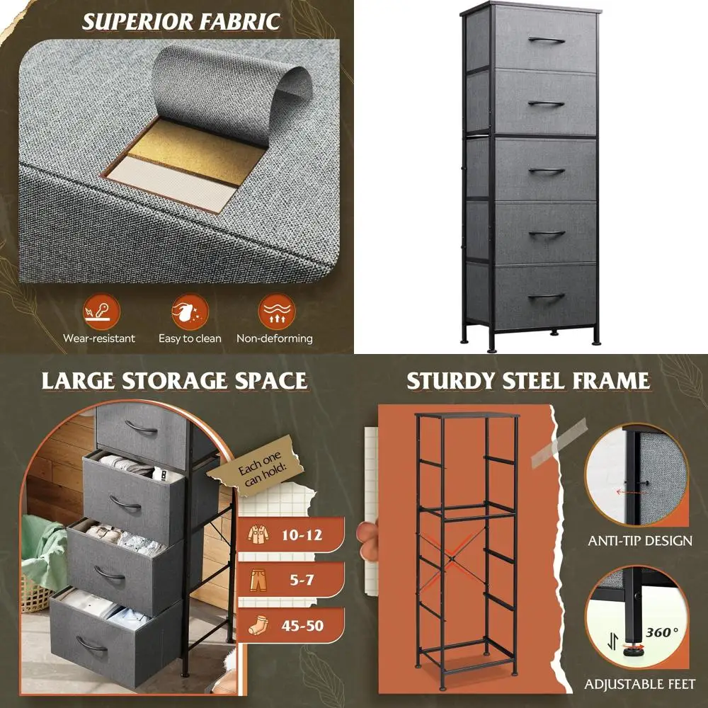 5-Drawer Tall Dresser with Fabric Bins, Wooden Top, Steel Frame, for Bedroom, Storage, or Closet, Grey