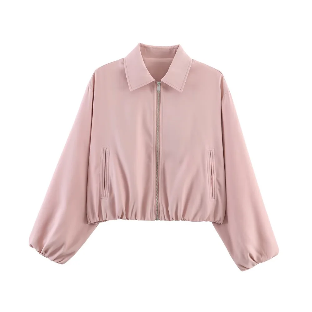 Women Bomber Jacket 2026 Spring Ball Sleeve Folds Zipper Loose Coat Female Casual Oversize Top Y2K Zipper baseball jersey