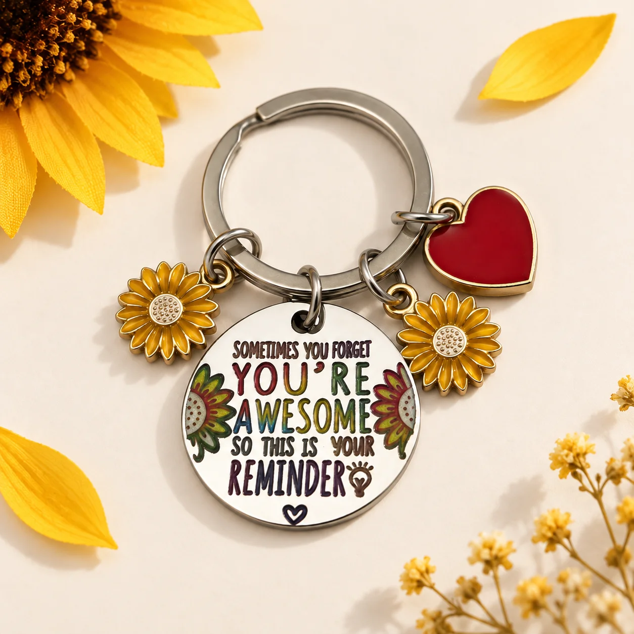 1Pc stainless steel inspirational sunflower key chain, suitable for birthday or Christmas gifts to best friends, close friends