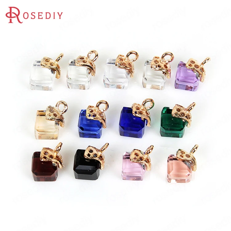 10PCS 8x8MM Gold Color Plated with Glass Cube Earring Charms Pendants Diy Jewelry Findings Accessories Wholesale