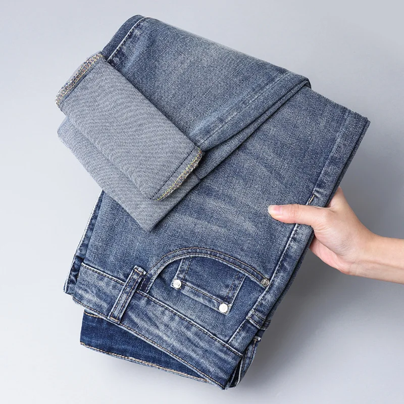 Celana Jeans pria, celana panjang kaki kecil ramping meregang, merek Fashion kelas atas 2024 untuk lelaki