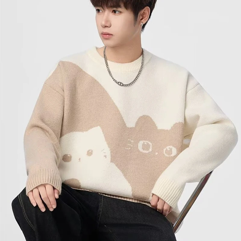 الشتاء الرجال أنيمي القط الجاكار Crewneck محبوك البلوزات الهيب هوب موضة الجرافيك المطبوعة Y2K لاعبا الشارع الشهير متماسكة البلوفرات