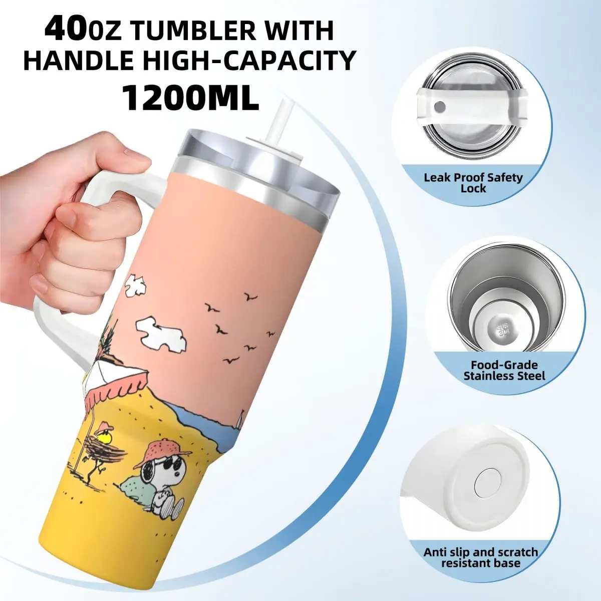 Cute Snoopy Cartoon Tumbler Cold and Hot Water Bottle Leakproof Stainless Steel Thermal Mug Custom DIY Camping Mugs Cup