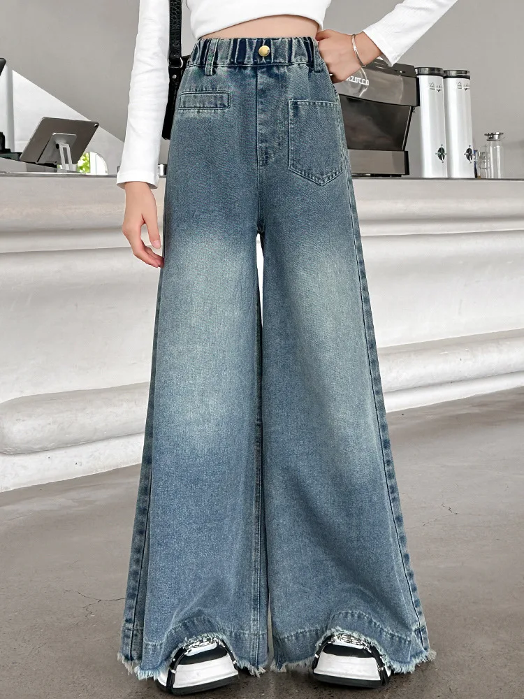 Children Baggy Bootcut Jeans For Teen Girl Fashion Street Denim Pants Kids High Waist Oversized Wide Flared Jeans Trousers 4-14Y