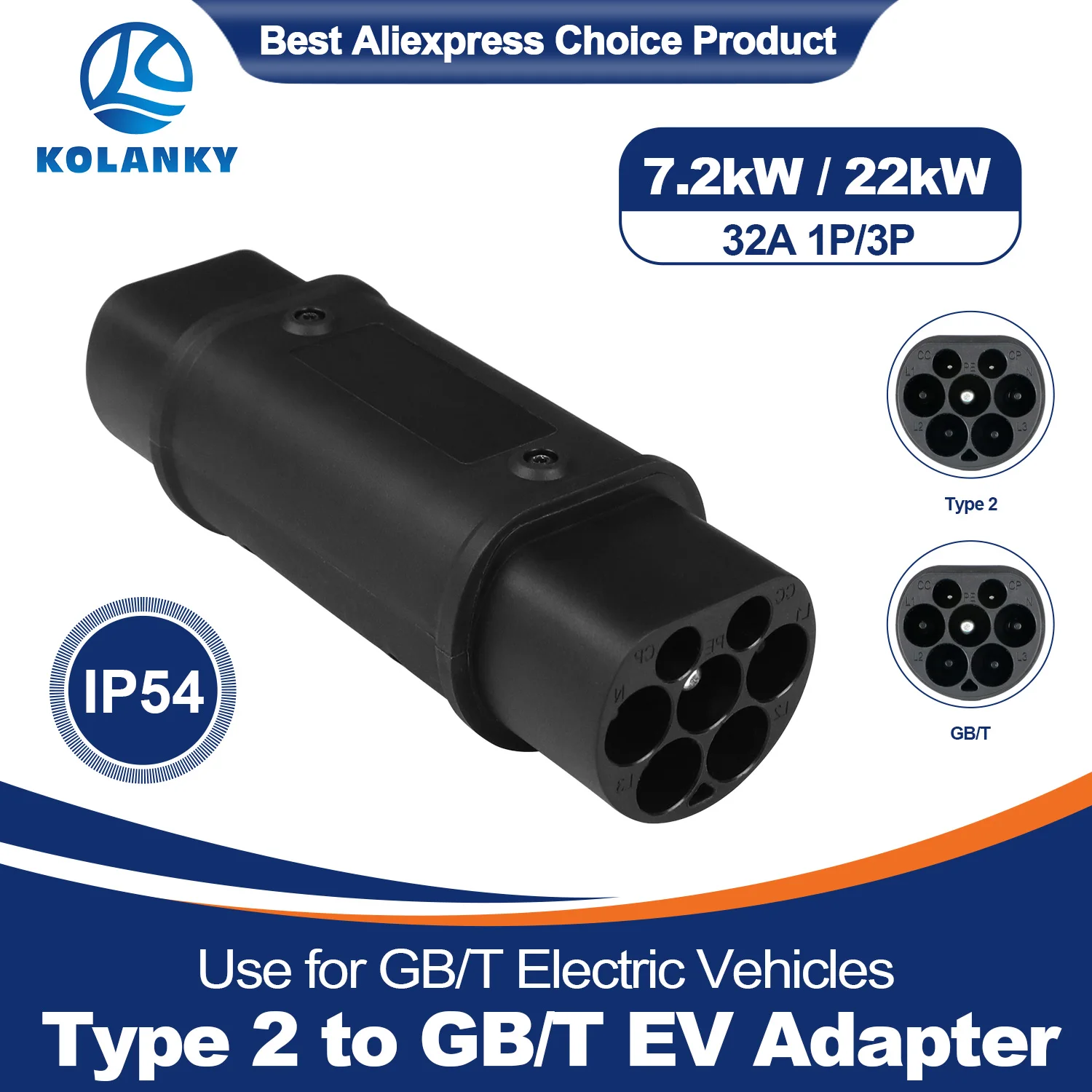 

Kolanky 32A 7.2kw 22kw Type 2 To Gbt EV Charging Adaptor For China Electric Vehicle Hybrid Cars Conventer Home Use Charging