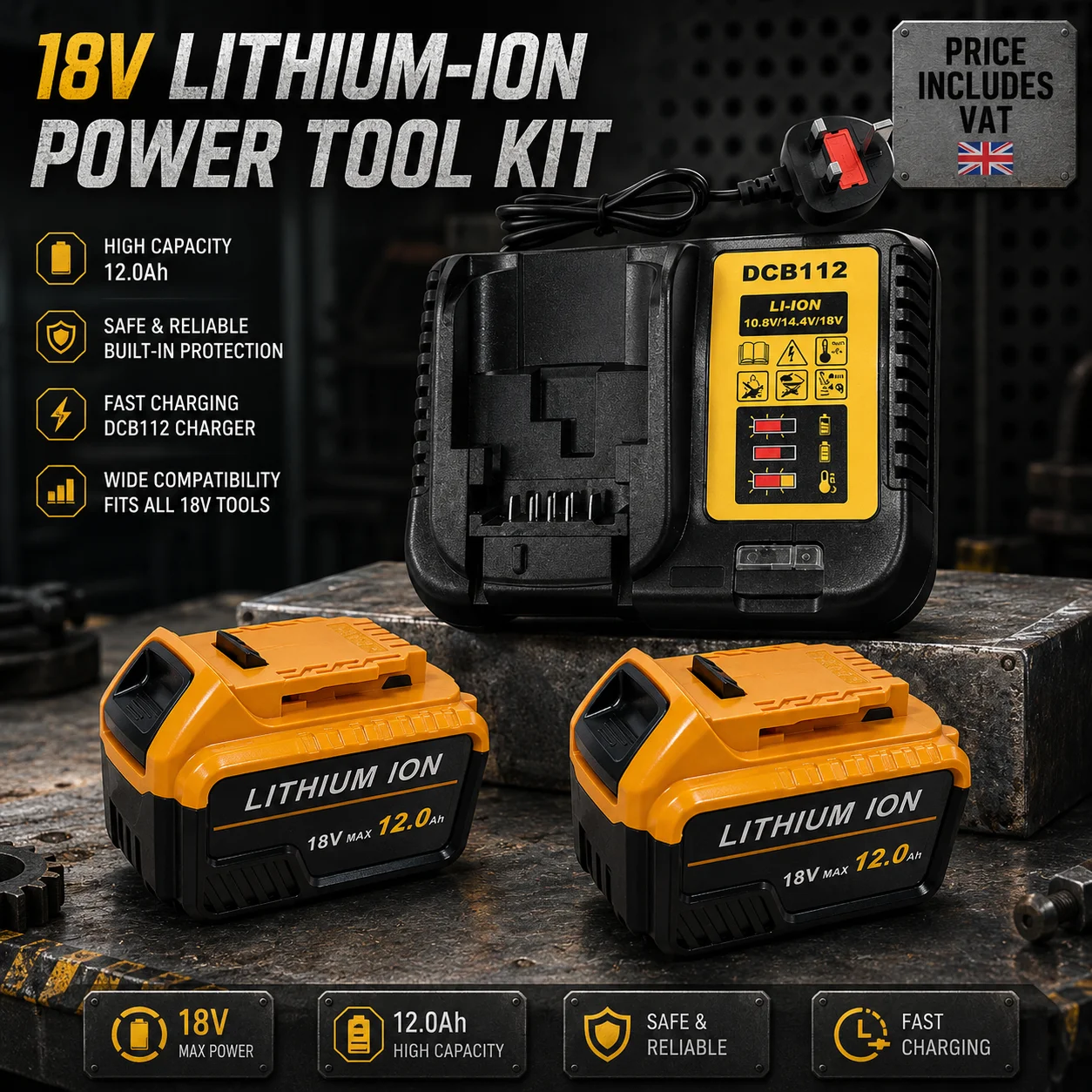 2X 18V 12.0Ah/1200mAh Li-Ion Replacement Battery and DC18RC Charger for Dewalt 18V Battery DCB182 DCB184 DCB101 DCB107 DCB112 DCB105 DCB115 DCB203