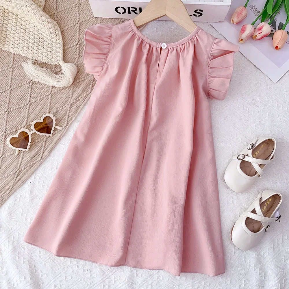 3-7Y Baby Girls Princess Dresses Round Neck Summer Solid Color Kids Dress Flying Sleeve Pleated Pink Girl Clothes