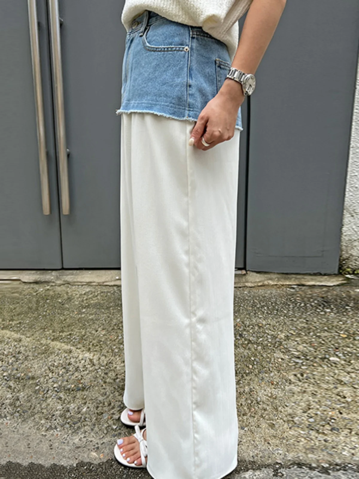 กระโปรงยีนส์ทรงยาวเอวสูงสำหรับผู้หญิง ดีไซน์สีสันตัดกัน ช่วยให้ดูผอมเพรียว เหมาะสำหรับฤดูร้อน แฟชั่นลำลอง วัสดุอื่นๆ 00