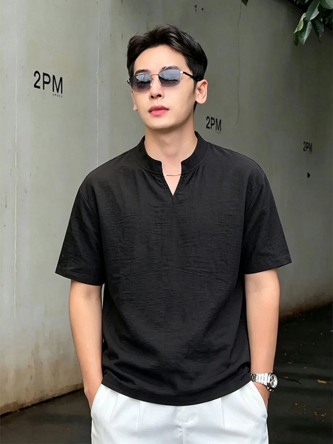 American Style V-Neck T-Shirt Men's Summer Thin Linen Simulation Half Sleeve Fashionable Casual Loose Fit Short Sleeve Shirt