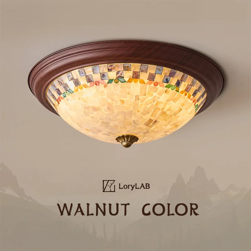 Tiffany Shell Walnut Color Circular Flush Mount, Modern Wabi-Sabi Vintage, Ceiling Light for Living Room, Dining Room, Bedroom