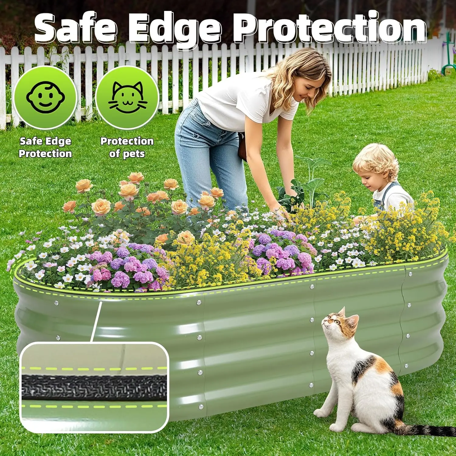 Galvanized Metal Raised Garden Bed Kit - 4x2x1FT Outdoor Planter Box with Safety Edging and Gloves for Vegetables, Fruits, Flowers(Olive Green, 3PC)