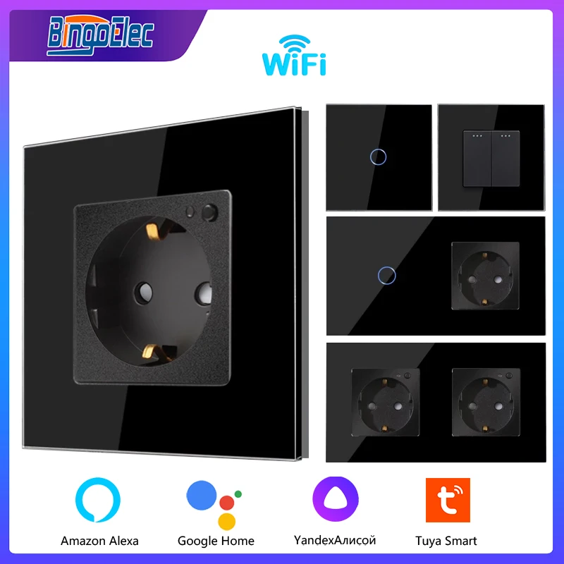 Bingoelec 스마트 홈 블랙 스마트 스위치 및 Wifi 소켓 전원 모니터 크리스탈 유리 패널 홈 개선
