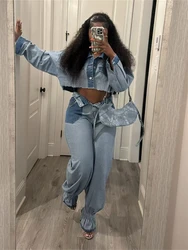 Streetwear Cowboy 2 Piece Sets Women Outfit Spring Clothes Women 2025 Cropped Jacket Top and Pants Sets Casual Denim Woman Sets