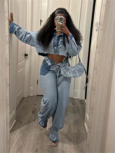 Streetwear Kowbojskie 2-częściowe zestawy damskie Strój wiosenny Kobiety 2025 Przycięta kurtka Top i spodnie Zestawy Casual Denim Woman Sets