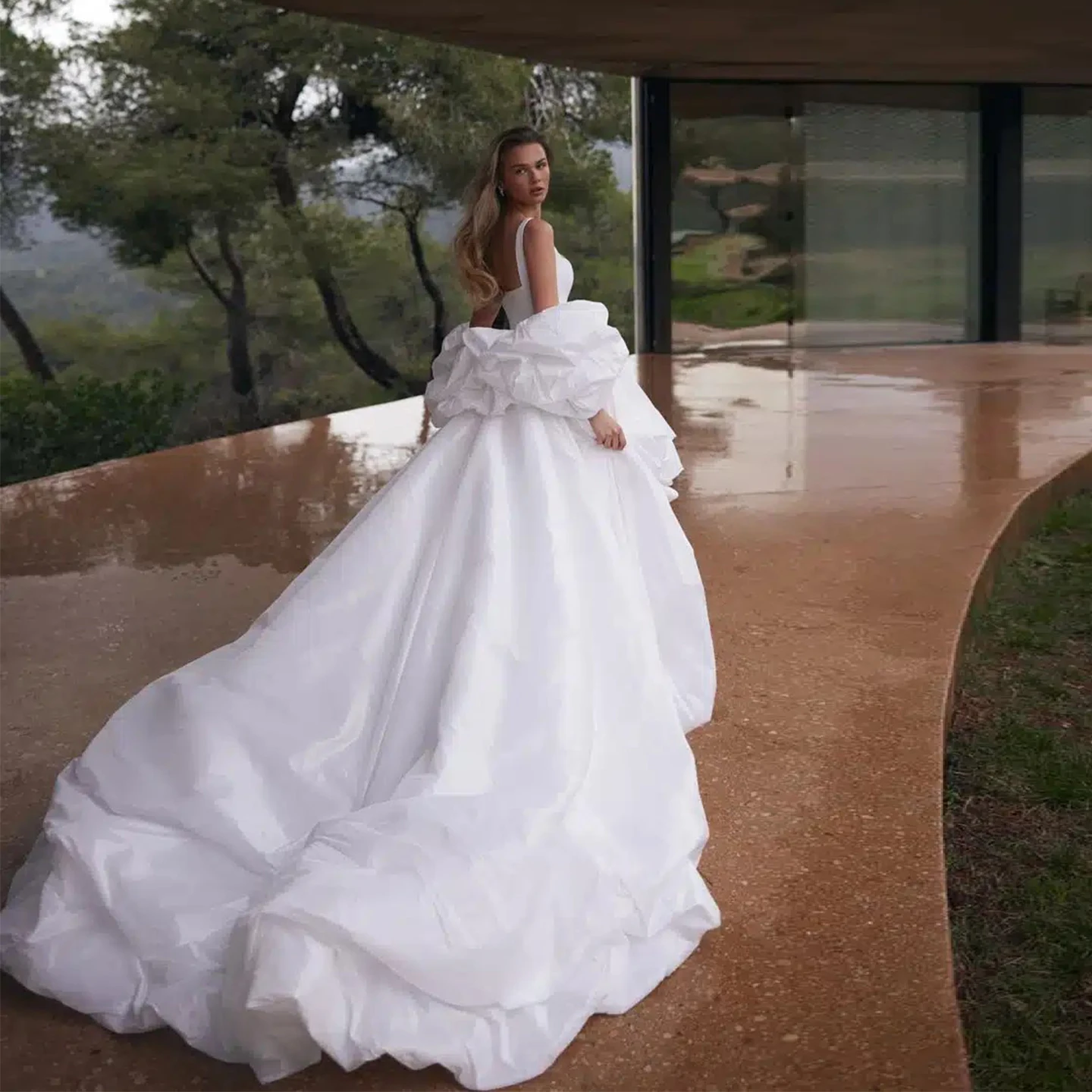 

Elegant Puff Taffeta Wedding Cape Long With Short Sleeves Charming Jacket Romantic Detachable Bridal Jacket Wrap TSWD876