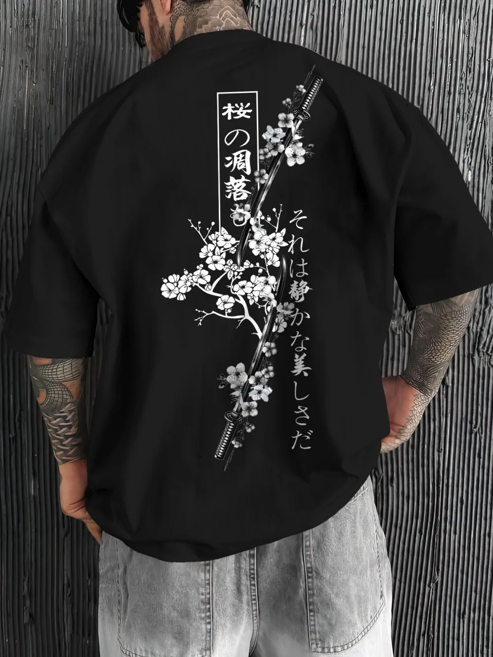 American men's new summer cherry blossom samurai sword letter print soft and breathable round neck T-shirt outdoor street top
