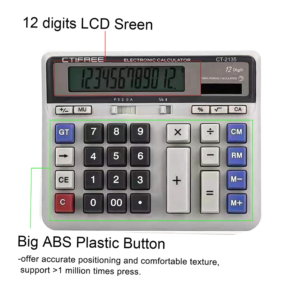 Electronic Calculator Counter Solar & Battery Power 12 Digit Display Big Button for Business Office School Calculating