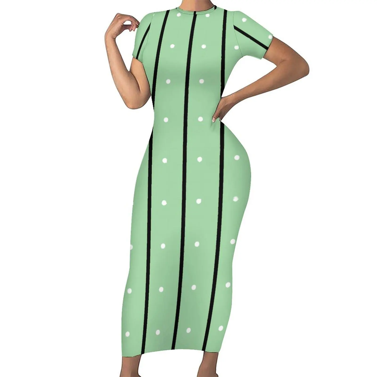 

Striped Polka Dot Dress Ladies Green Pattern Aesthetic Bodycon Dress Summer Short Sleeve Vintage Maxi Dresses Oversized Vestidos