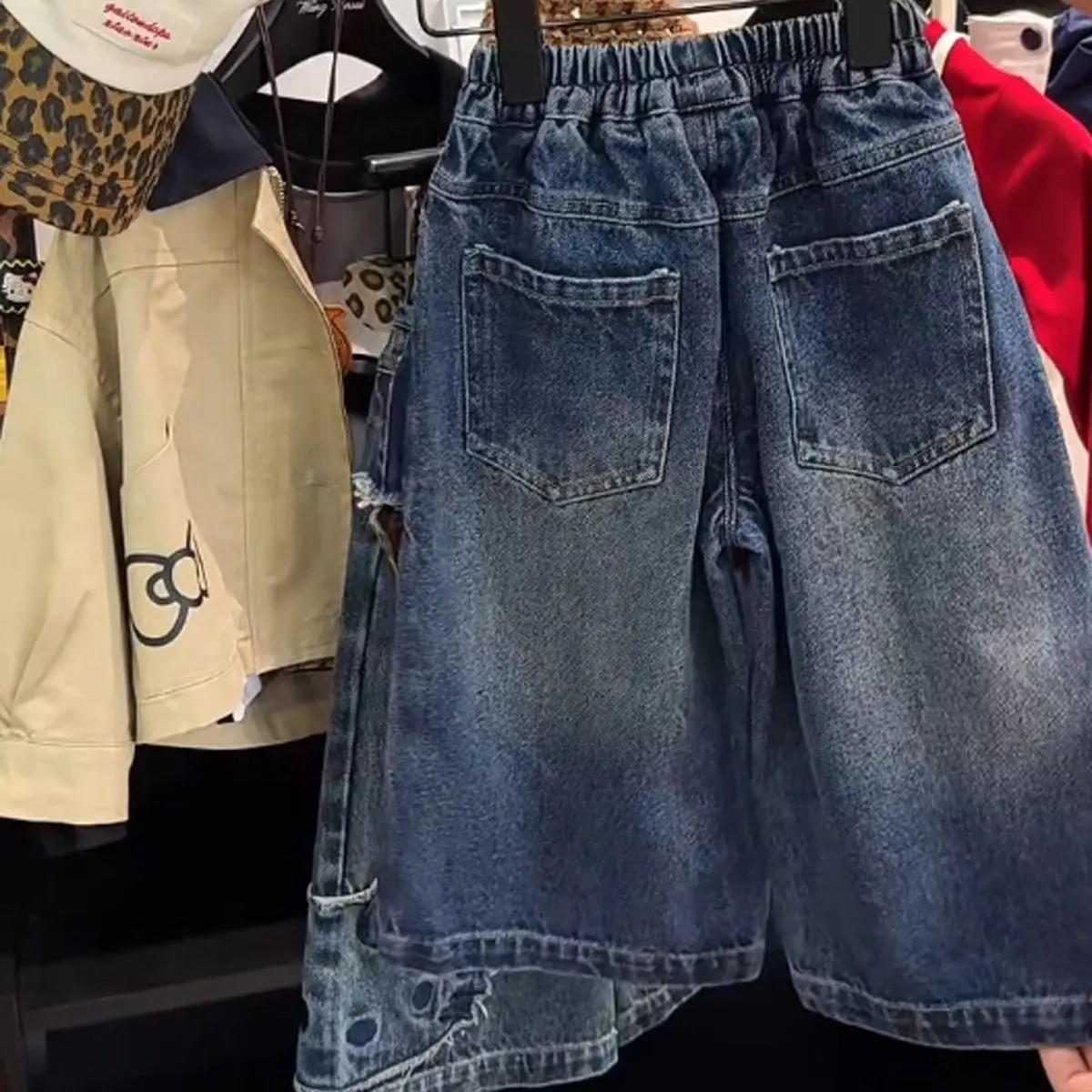 Street Style Girls Denim Pant 2026 Summer New Fashionable Denim Spliced Workwear Pants