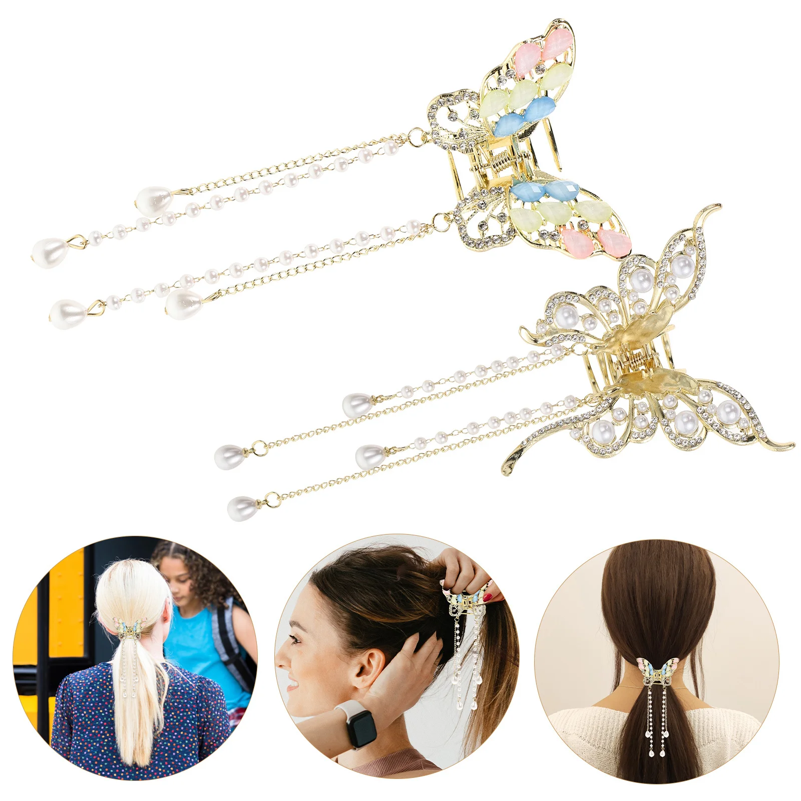 

2pcs Butterfly Tassel Metal Claw For Women Elegant Decorative Large Hair Accessories Cute Butterfly Claw Clips Fancy Rhinestone