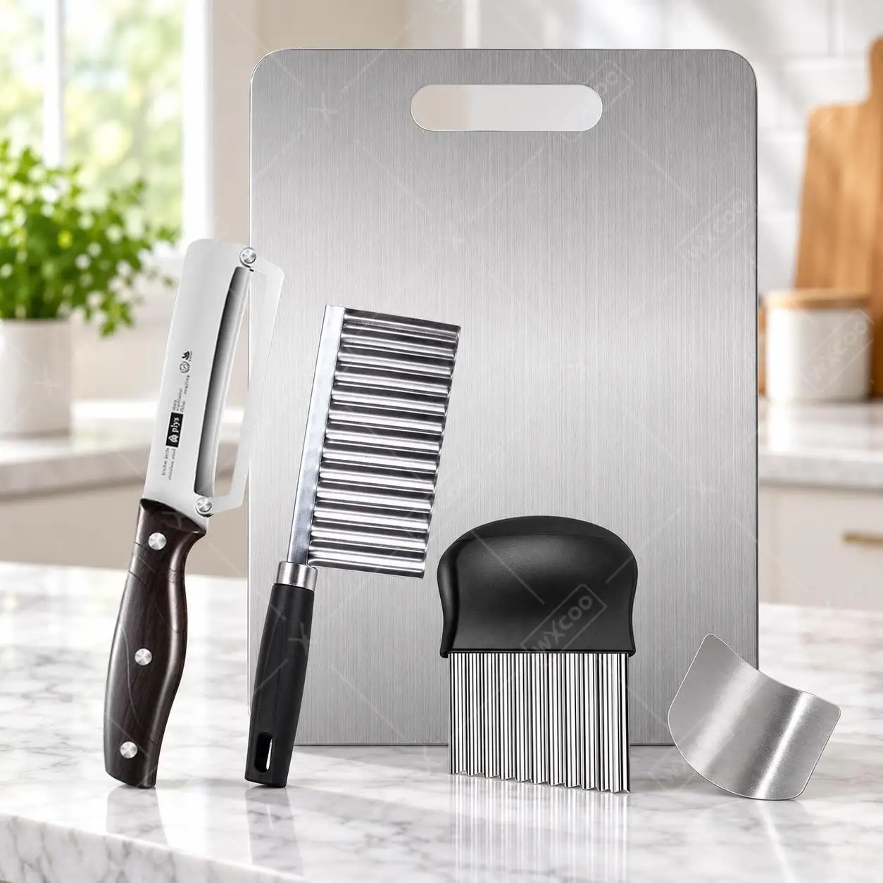 WXCOO Wavy Potato Cutter Stainless Steel Crinkle Knife Set for French Fries Salad Chopper with Peeler Hand Guard Chopping Board