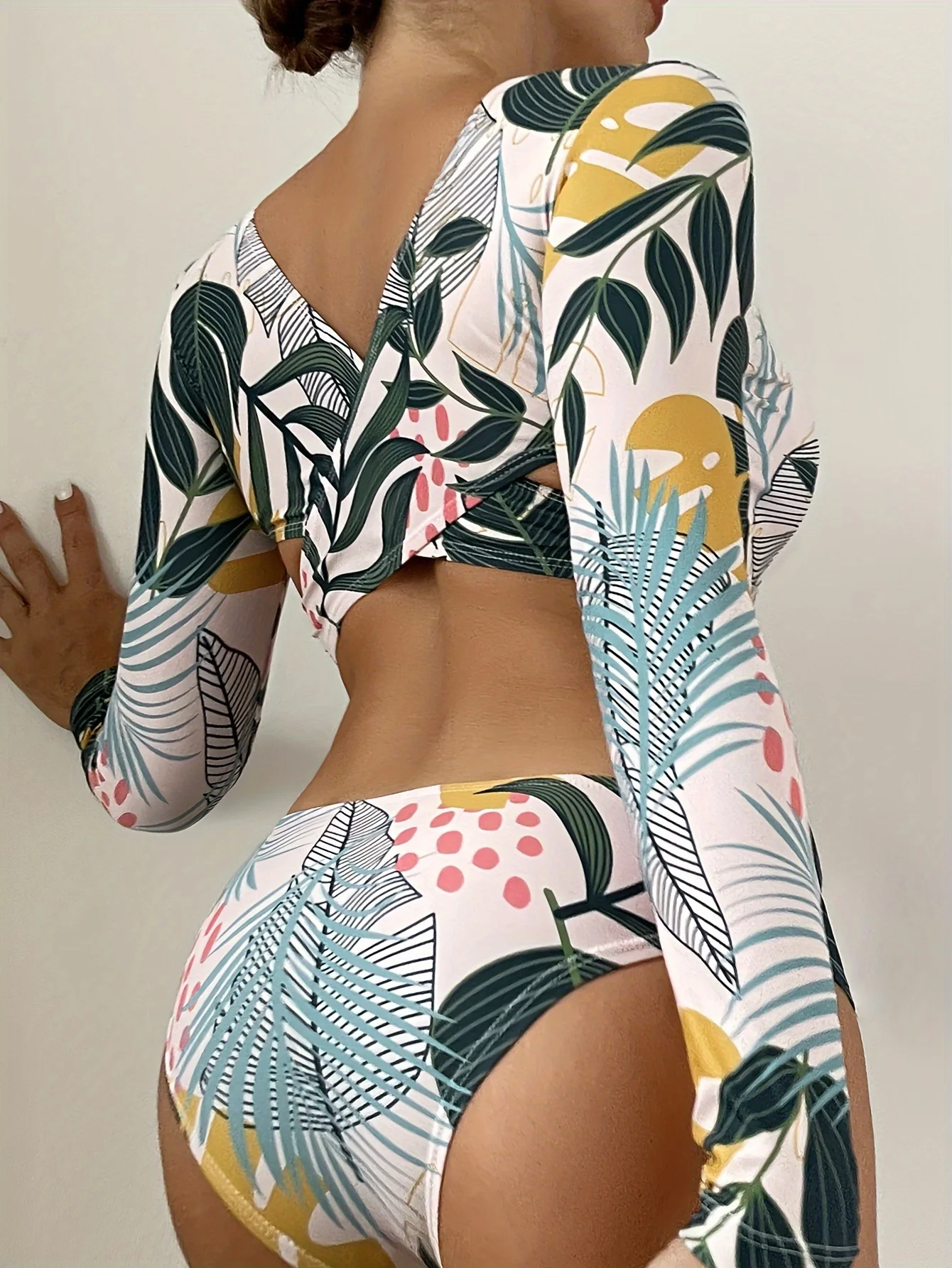 Tropical Print One-piece Swimsuit, Crew Neck Long Sleeves Backless High Cut Bathing Suits, Women's Swimwear & Clothing