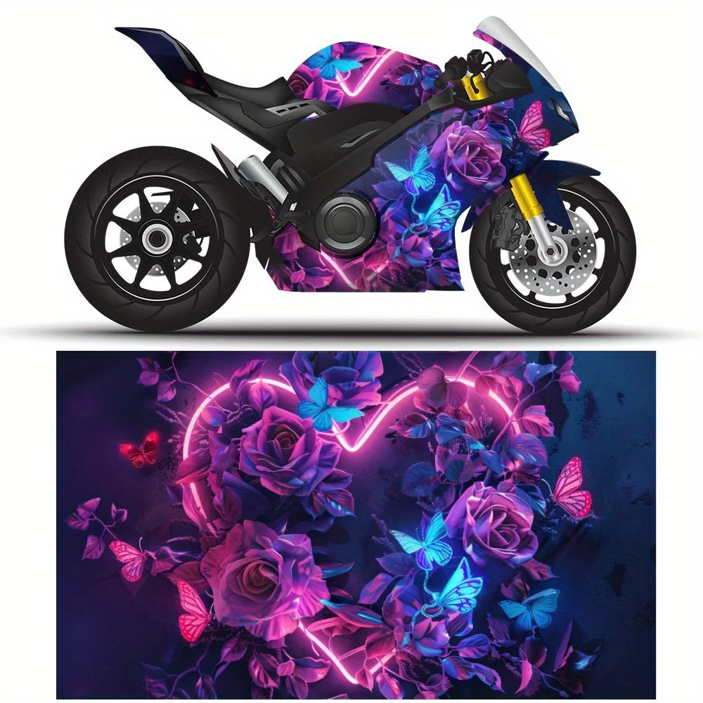 

Purple Roses and Colorful Butterflies PVC Motorcycle Vinyl Wrap, Self-Adhesive Waterproof Sticker, Anti-Scratch Decorative Film