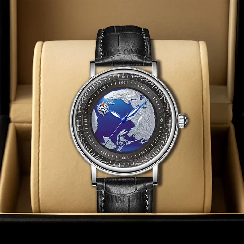 

Крутые повседневные автоматические механические часы с компасом и черным ремешком для мужчин.