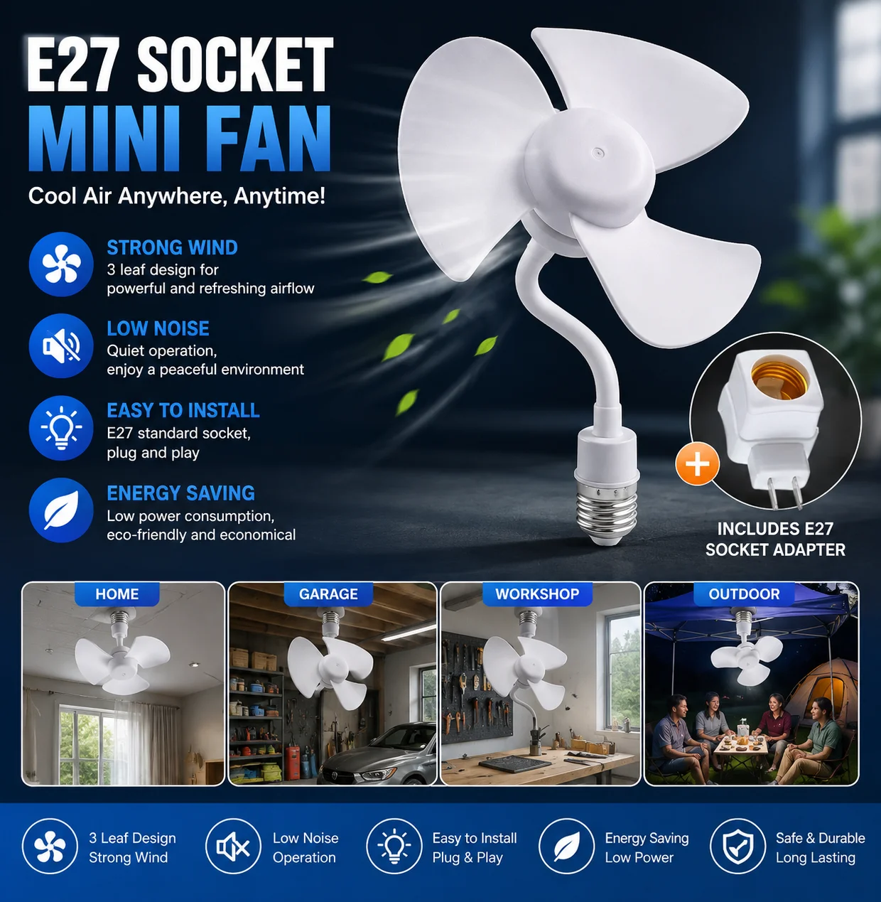 `Quiet Ceiling‑Mounted E27 Cooling Fan, 14CM Extension‑Hose Bulb‑Socket Fan for Household Bedroom Office Study Room Use`