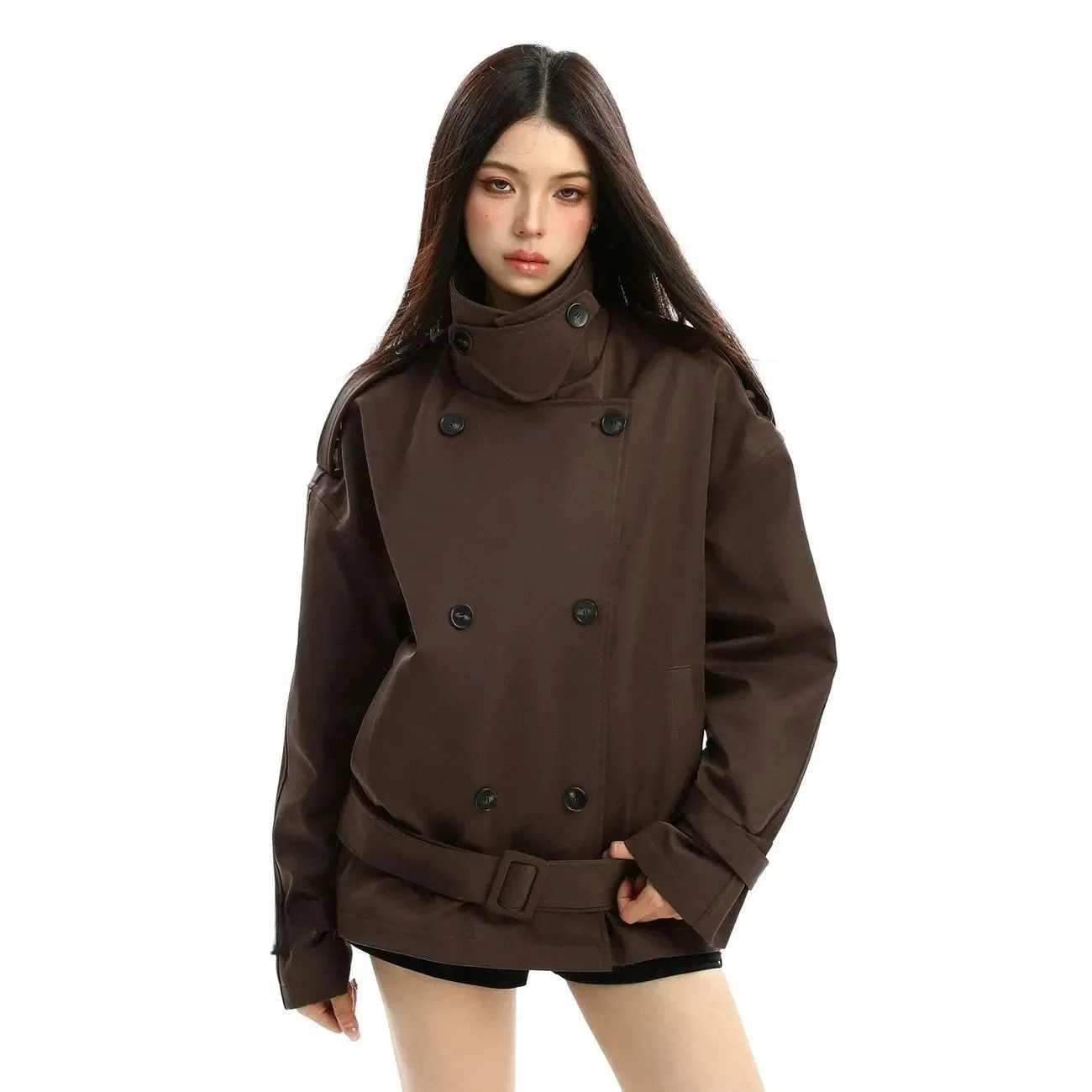 

Retro Double-Breasted Vertical Collar Windbreakers Jacket Outwear Women 2026 Spring New Short Loose Chic Casual Lace Trenchcoat
