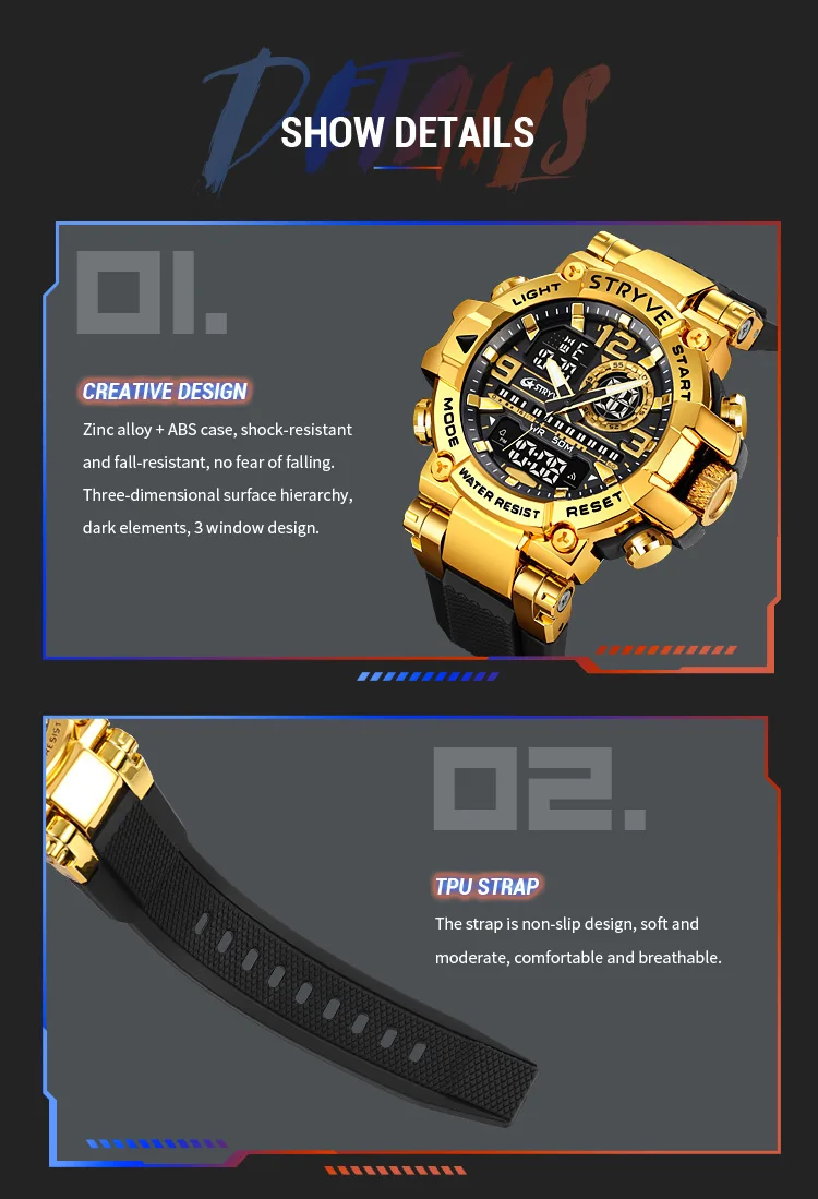 STRYVE Herrenuhren, modische elektronische Uhren für Herren, Top-Marke STRYVE 8025, Outdoor-Sportuhr mit Kalender, Chronograph – Detail 13