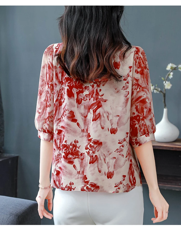 Vintage damesblouses bedrukte vintage shirts mode losse zomerkleding chiffon damestops met korte mouwen