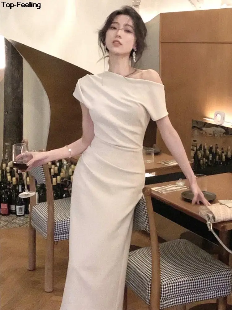 France Elegant Solid Party Prom Midi Dresses Fashion Off Shoulder Backless Graduation Clothing Women Summer Vestidos 2024