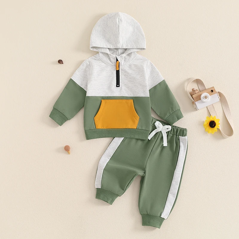 Conjunto de sudadera con capucha de manga larga con bolsillos delanteros y pantalones elásticos para bebé, conjunto de 2 piezas, colores de contraste, otoño, 0-3 años