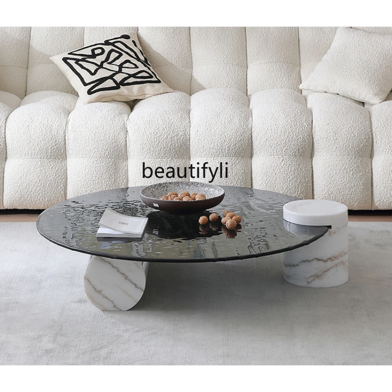 

Italian Minimalist round Tea Table Marble Water Ripple Hot Melt Glass Tea Table