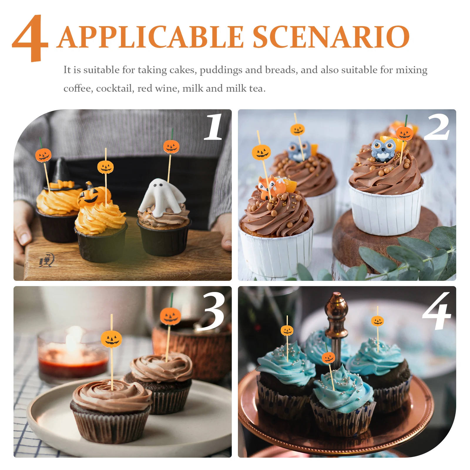 

200Pcs Multipurpose Pumpkin Designed Bamboo Sticks for Cakes Puddings Breads Coffee Red Wine Tea and Cocktail Drink Picks