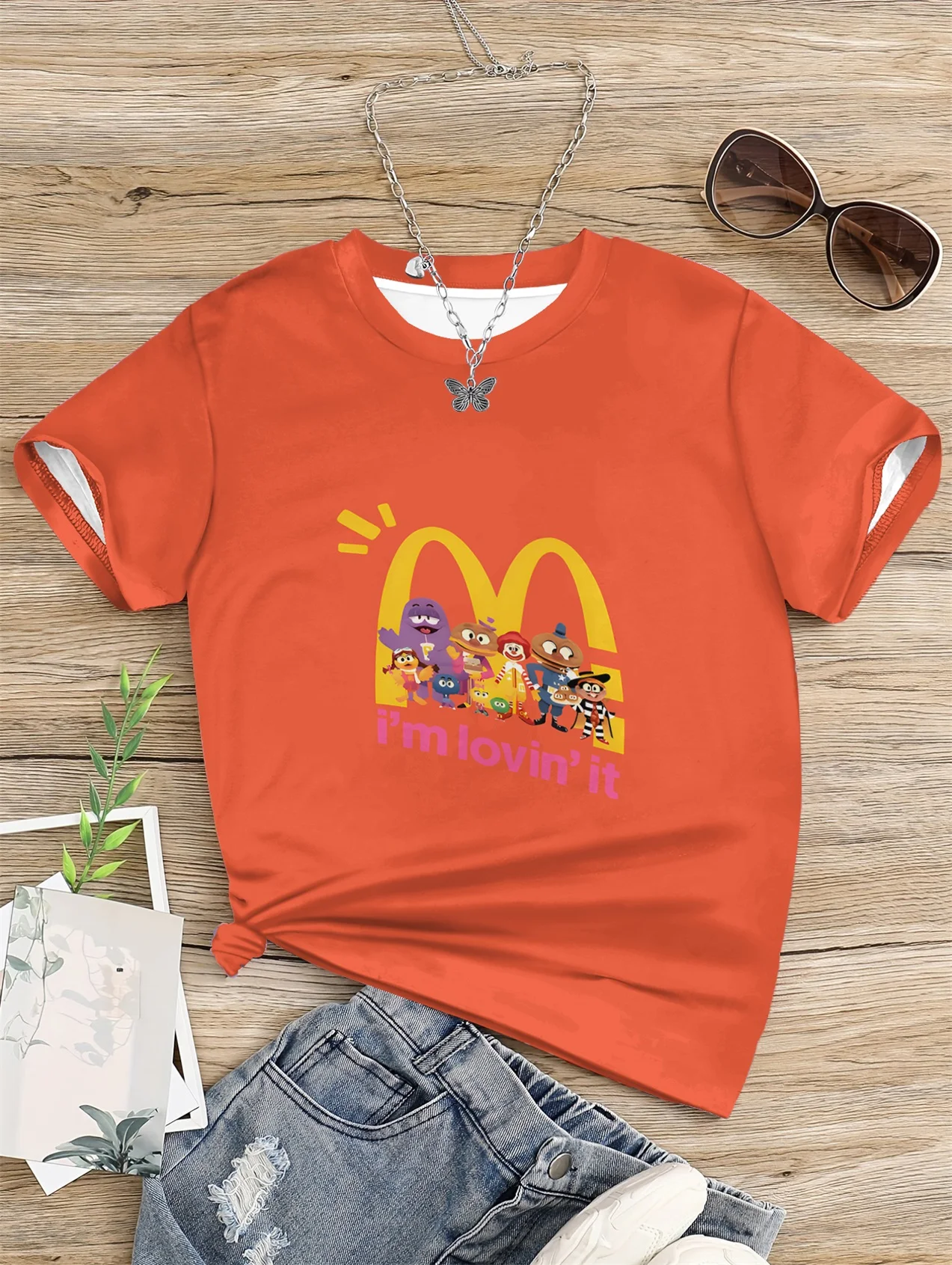 5 To14 Years Girl Clothes M-McDonald Print Orange T-shirt Children\'s Clothing Kids Summer Short Sleeve Child Top T-shirts Girls