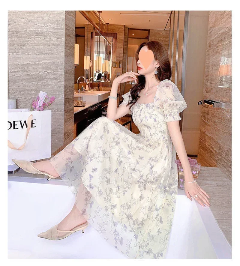 

Korean Casual Floral Party Dress Spring Summer White Chiffon Long Dress Elegant Short Sleeve Fairy Dresses Women Vestidos Y2k