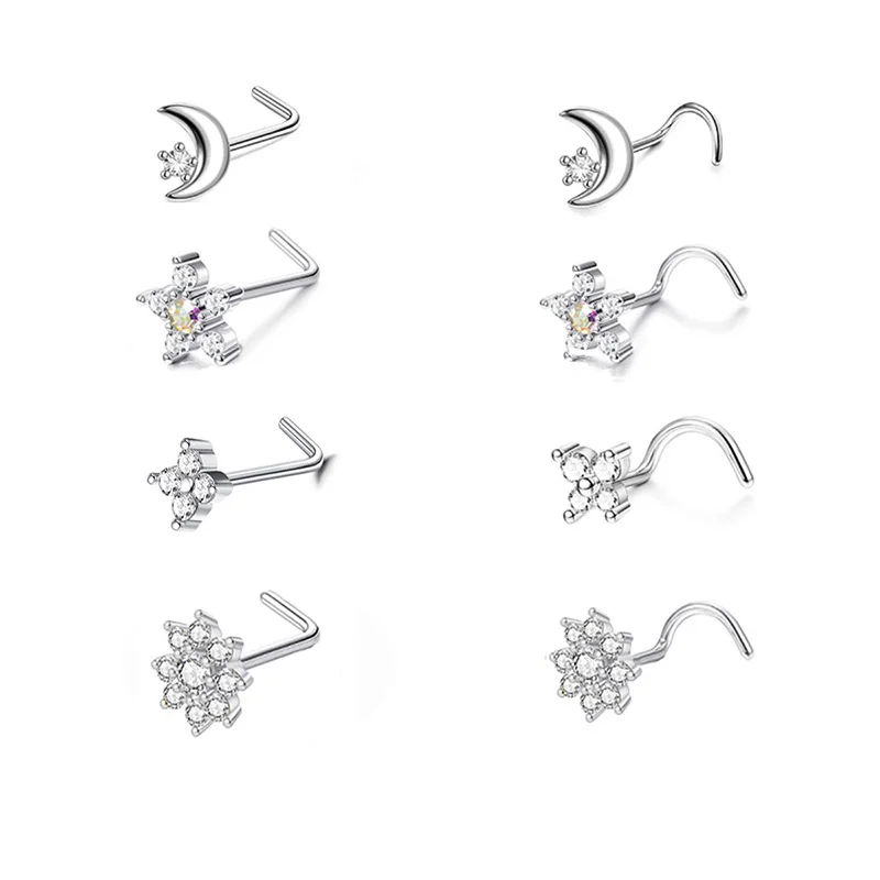 8Pcs 20G Stainless Steel Nose Rings for Women, Nose Rings Hoops L Shaped Nose Studs Screw Nose Piercing Jewelry for Women Men