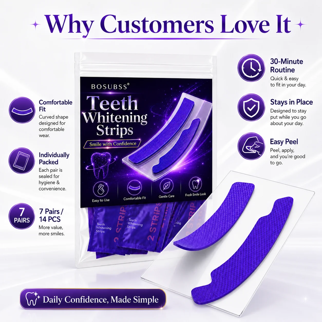 14PCS/7 Pairs Purple Teeth Strips, Individually Packed, Easy to Use, Comfortable Fit, Portable Daily Oral Care