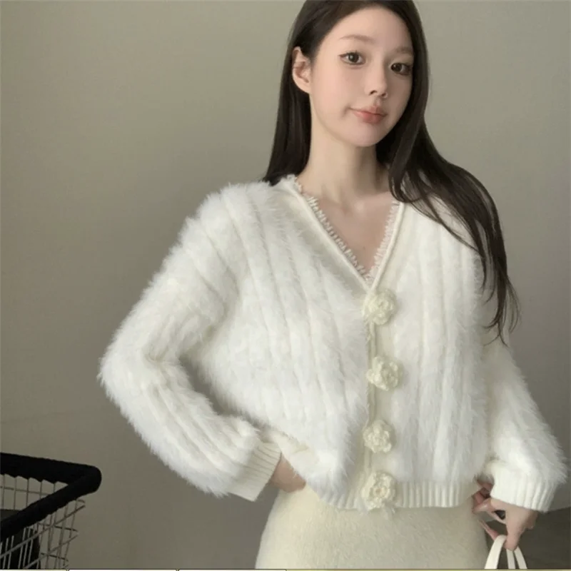 Celebrity Women Fuchsia Beige Flower Button Short Sweater V Neck New Soft Fuzzy Knit Cardigan Long Sleeve Casual Knitwear Top