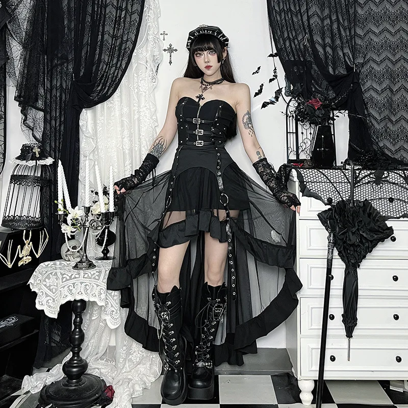 New Vintage Dark Punk Irregular Maxi Skirts Cyber Gothic Y2K Grunge Faux PU Mesh Patchwork Women's Techwear Halloween Skirt