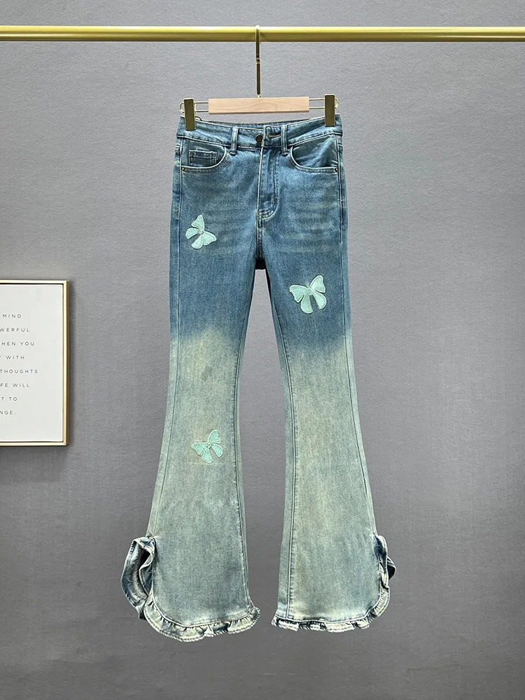 

Ретро джинсы-клеш с эффектом потертости, женские, тонкие, новинка 2024, с высокой талией, утягивающие, длинные, весна-лето, из тонкого хлопка, эластичные