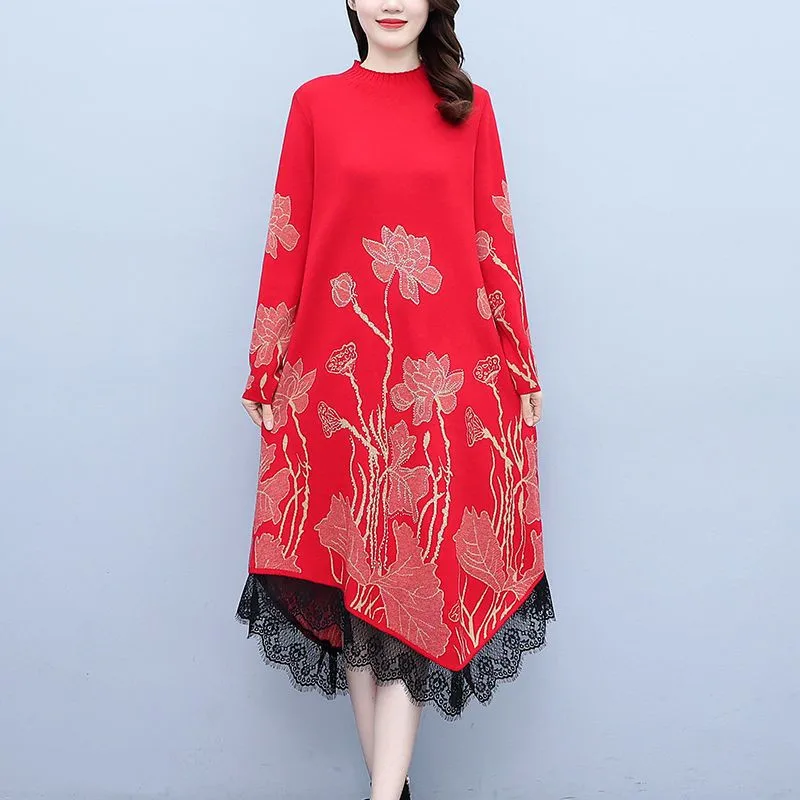 2025 Autumn Winter New Women's Fat Mother Knitted Dress Fashion Middle-aged Elderly Female Bottoming Shirt Vestidos