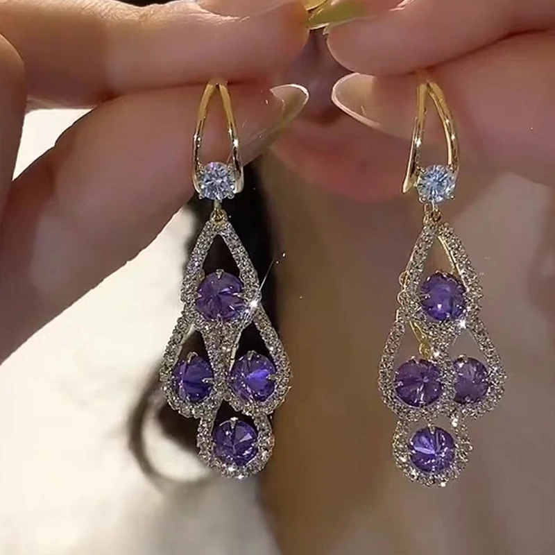 Vintage Elegant Purple Crystal Water Drop Long Tassel Earrings for Women Design Sparkling Prom Accessories Party Jewelry Gifts