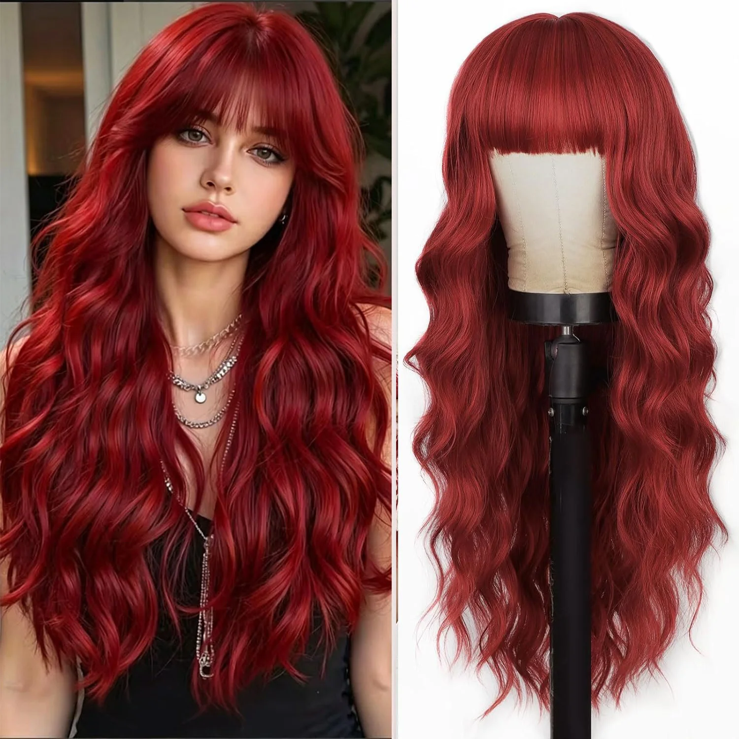 28 Inch Long Curly Wavy Wig for Women with Bangs Skin-Friendly Synthetic Hair Natural Heat Resistant Daily Party Cosplay Wig