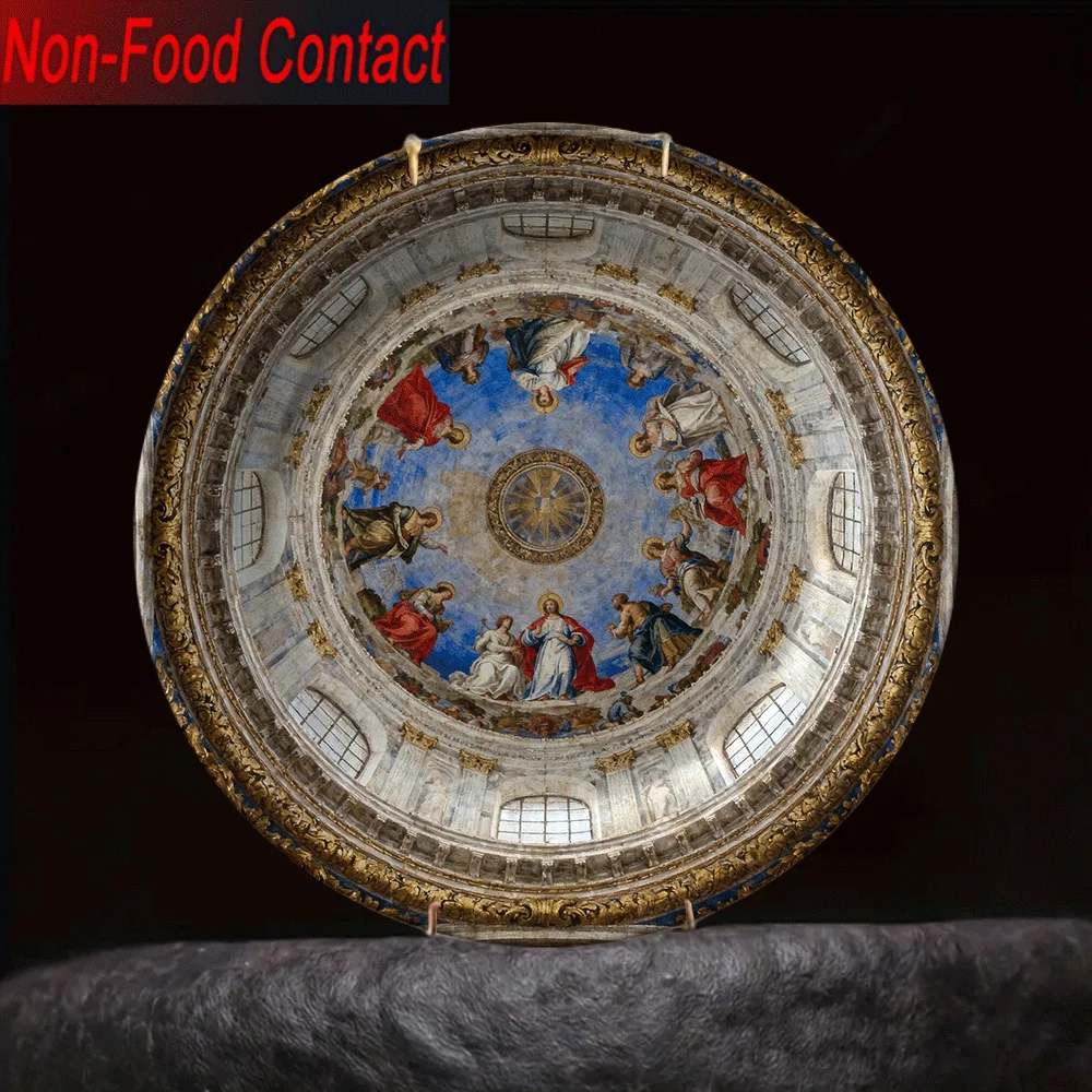 1pc Italian Renaissance Ceramic Decorative Plate - Ornate Dome Ceiling Fresco Art (Michelangelo-Inspired) Round Wall/Table