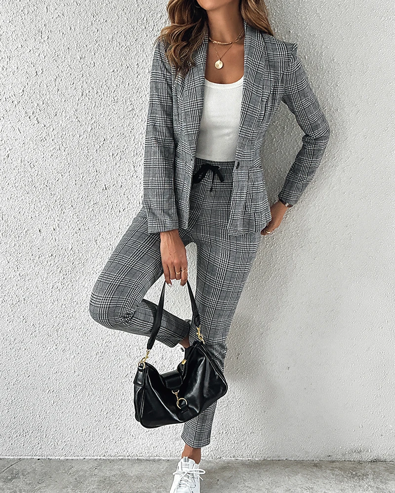 

Elegant Two Pieces Blazer Suit Set Notched Collar Plaid Print Coat Drawstring Pants Set with Pockets Offiece Lady Wear