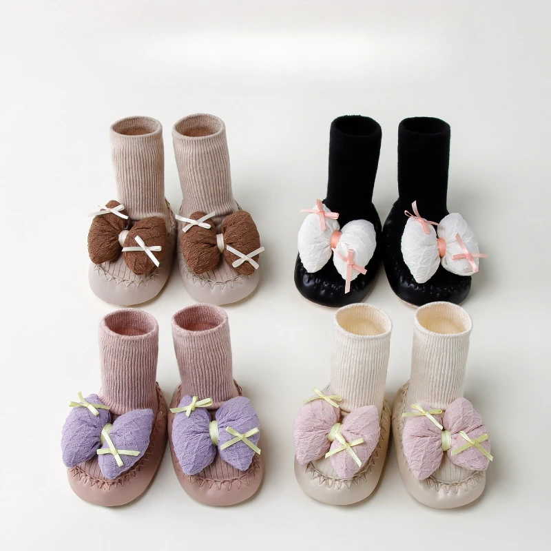 

Модная детская обувь, осень 2024, новые детские носки с бантом, простая универсальная напольная обувь для девочек, удобные нескользящие детские первые ходунки