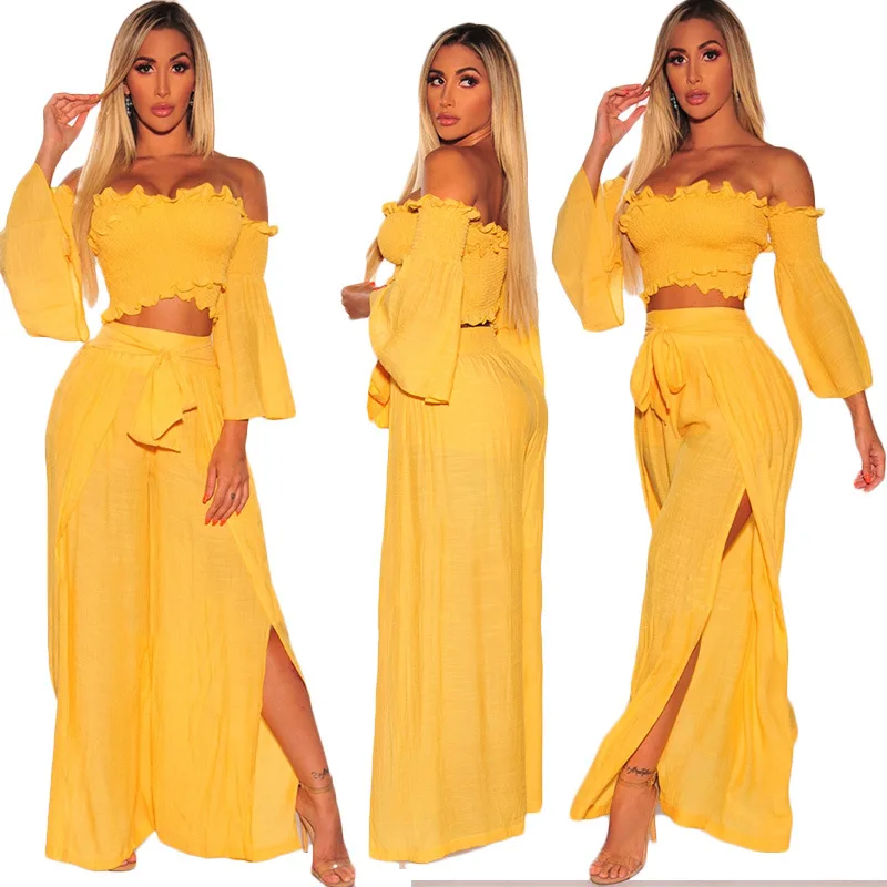 

Yellow cropped navel two-piece 2022 summer solid color pleated belted one-line neck slit pants suit